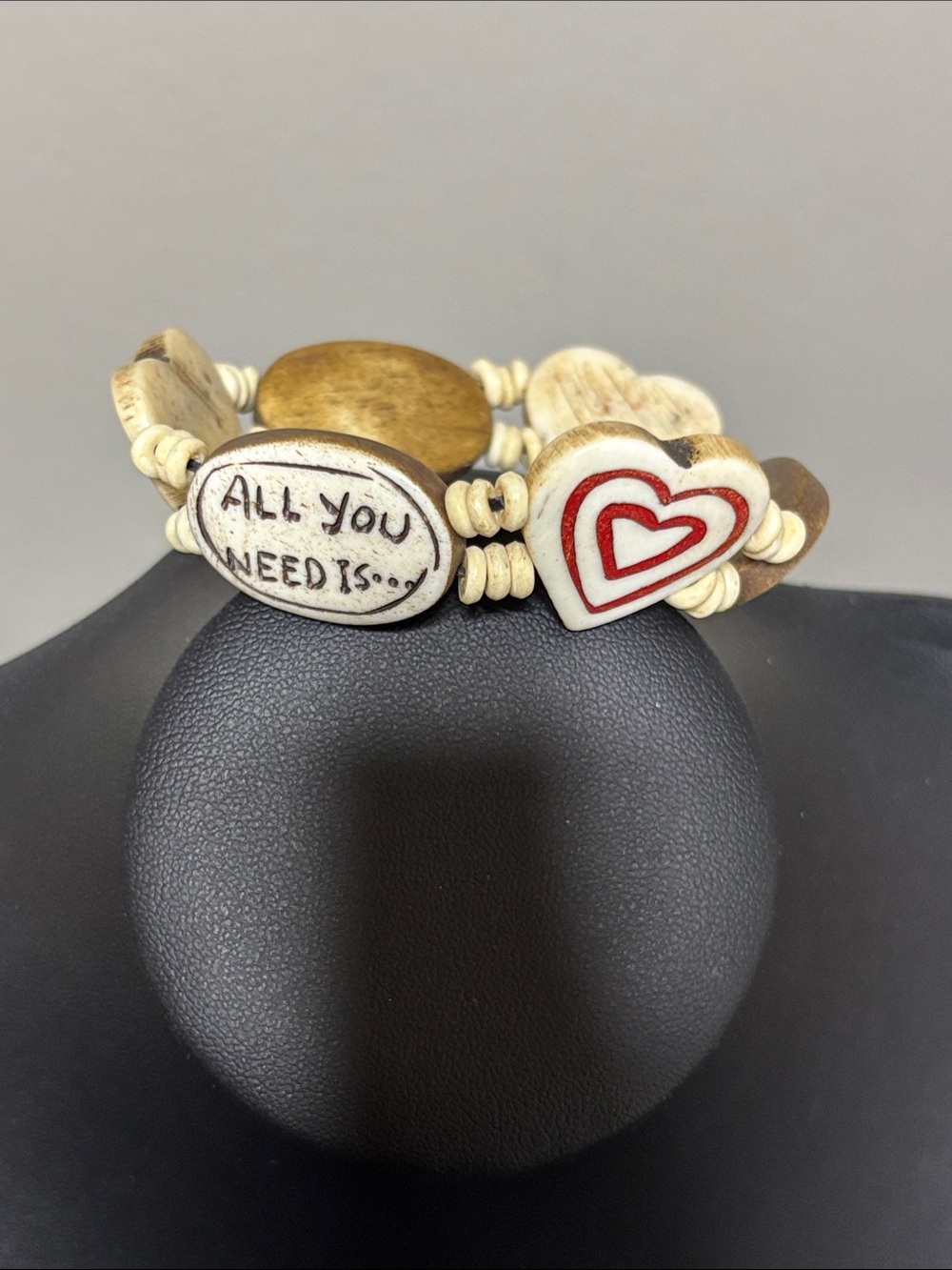 Handcrafted Signed GR Bone Heart Them All You Need Is.. Stretch Boho Bracelet